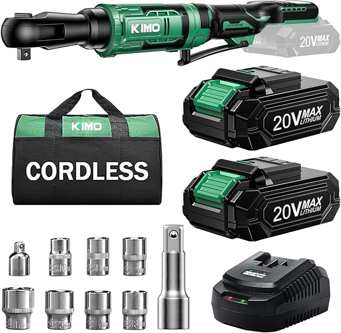 KIMO 20V Cordless Ratchet Wrench 1/2" Set, 74 Ft-lbs 400 RPM Electric Ratchet Wrench, Battery Powered Ratchet with 7 Sockets, 3" Extension Bar, 3/8" Adapter, 2-Pack Lithium-Ion Batteries, Fast Charger