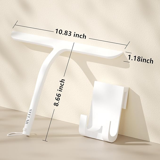 Shower Squeegee for Shower Glass, Bathroom Glass Cleaning Tool with Hook Mount, Squeegee for Glass Doors, Window Cleaning, Tile Shower Walls (White)