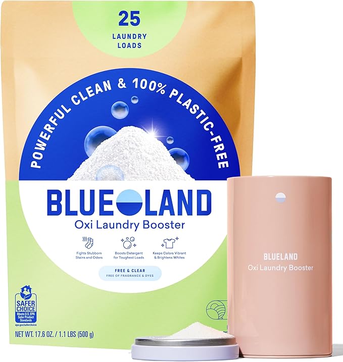 BLUELAND Oxi Laundry Booster Powder with Tin, Starter Set, Fragrance Free & Clear, 25 Loads, 17.6 oz, Plastic-Free, Eco Friendly, Oxy Cleaner, Stain Remover