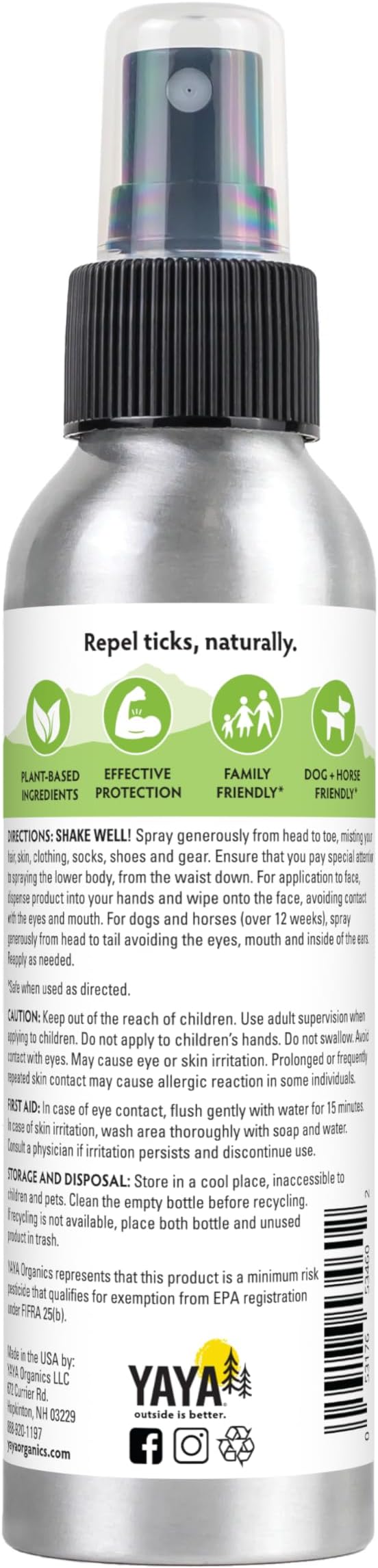Yaya Organics All Natural Extra Strength Tick Repellent DEET Free - 4 Ounce Spray Bottle