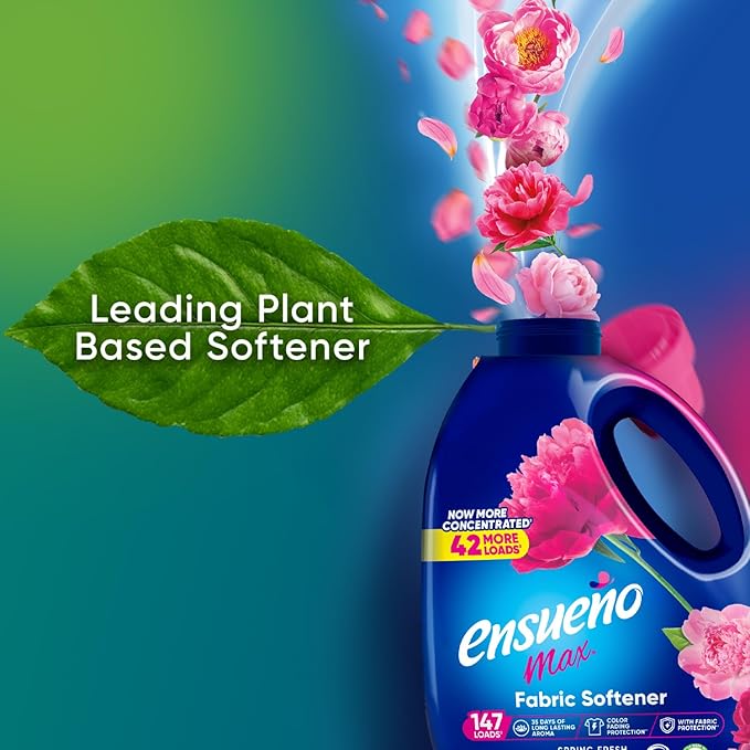 Ensueño Max Liquid Fabric Softener - Spring Fresh Scent - 125 fl oz - Color-Safe Fabric Softener Liquid - Softens 147 Loads - Reduces Wrinkles & Static