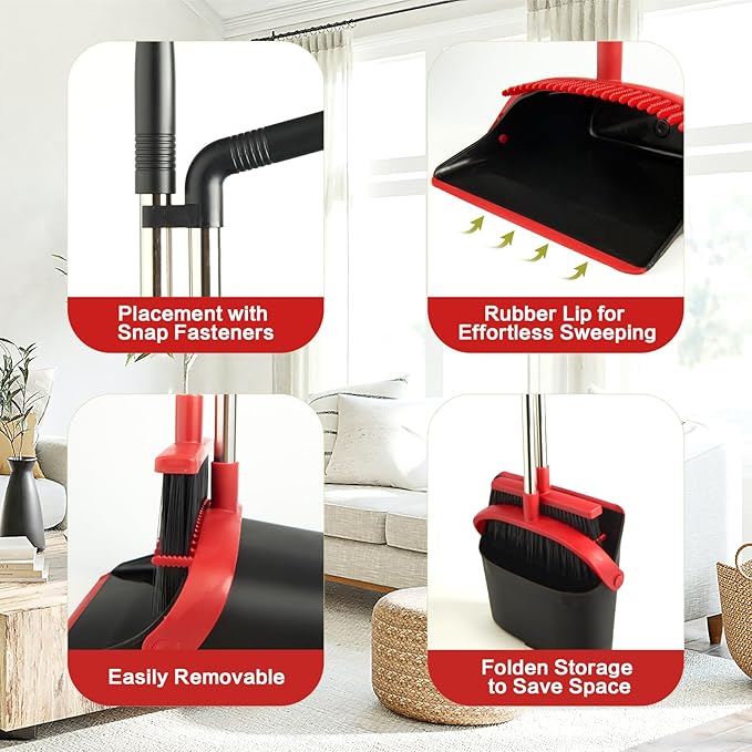 Broom and Dustpan Set for Home, Broom with Dustpan Cleaning Teeth Combo Set, Indoor Sweep Broom with Long Handle for Office Home Kitchen Lobby Floor (Black Red)