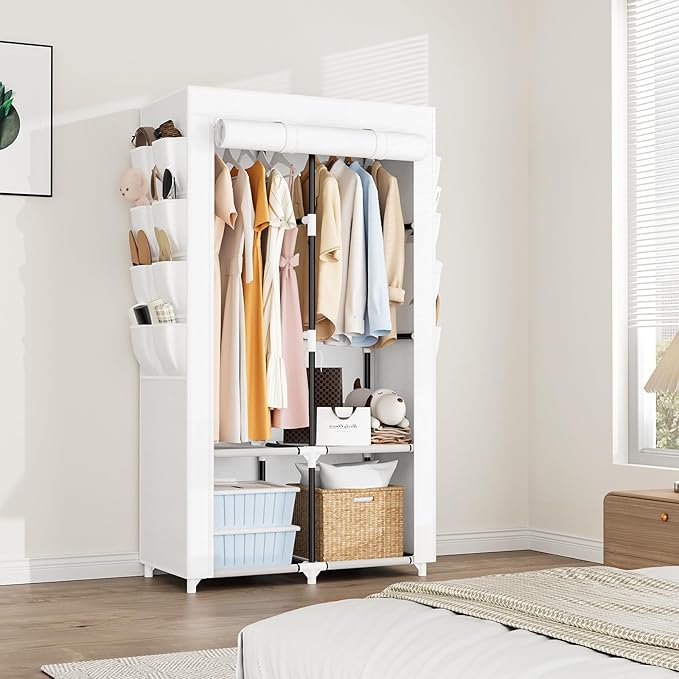 Portable Closet for Hanging Clothes, Portable Wardrobe Closet with Cover, 4 Storage Shelves, 2 Hanging Rods and 8 Side Pockets, Easy Assembly and Sturdy Free Standing Closet for Bedroom, White