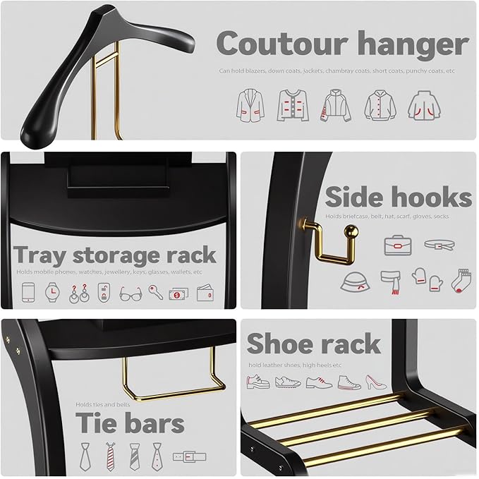 Suit Valet Stand for Men, Wood Mens Valet Stand with Base, Contour Hanger, Tray, Trouser Bar and Tie Bar, Clothes Valet Stand for Bedroom Entryway Home Living Room Office (Black)