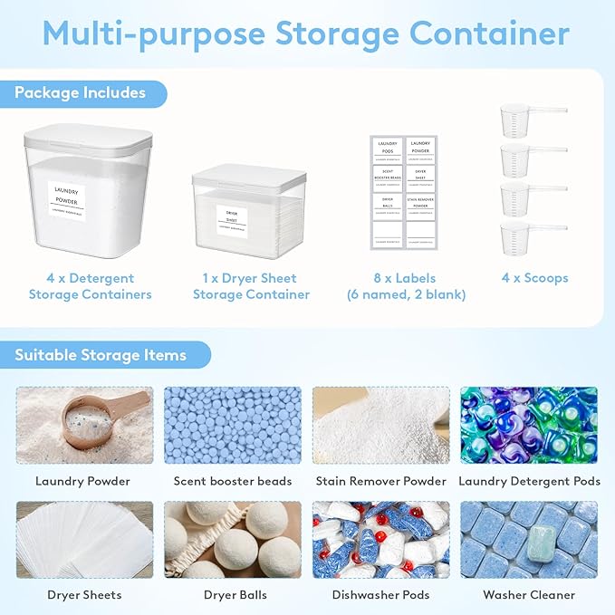 Lifewit Laundry Pods Container with Pop-up Lid, Coffee Pod K Cup Storage, Laundry Room Organization, Dryer Sheet Holder for Washing Powder Detergent, 2700 +2000ml/0.72+0.5gal, 5PCS