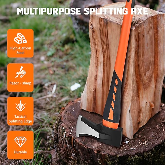 Chopping Axe, Hand Axe, Camp Hatchet for Splitting Kindling and Chopping Branches, Wood Chopping Axe 5.5 lb with 36-in Fiberglass Handle (L)