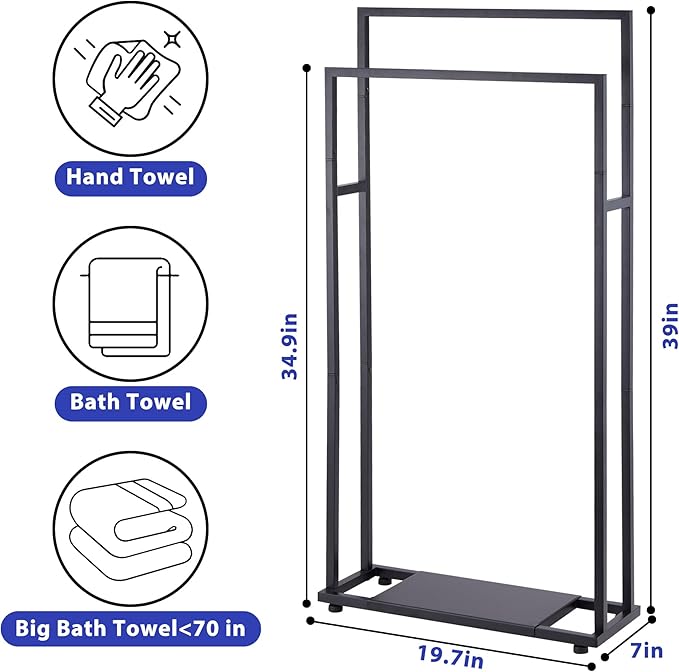 Towel Racks for Bathroom, 39'' Tall 2 Tier Bathroom Towel Stand with Storage Shelves, Modern Standing Pool Drying Rack for Outdoor, Black, ALHAKIN