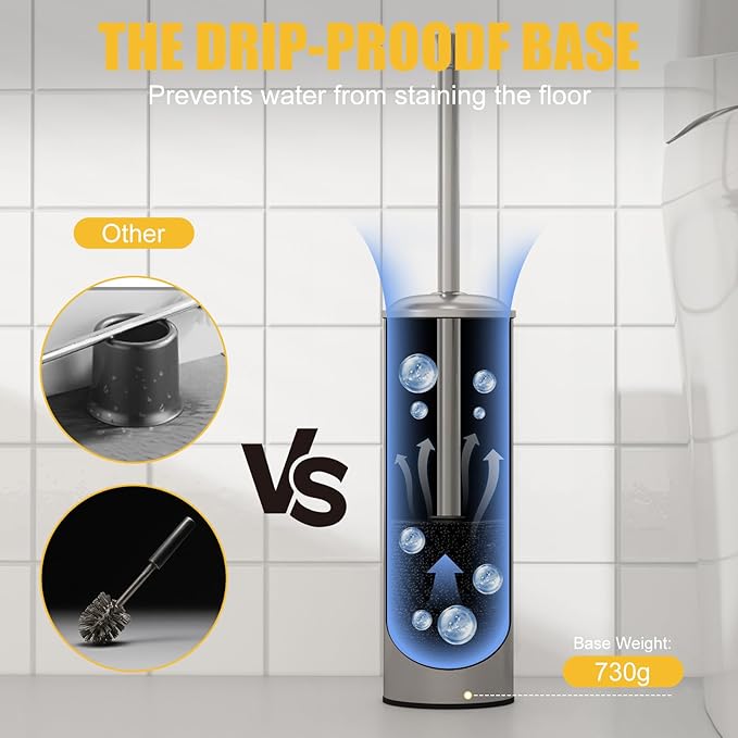 BESy Toilet Brush and Holder, Toilet Cleaner Bowl Set with Two Brush with Extra Long Handle, Durable Bristles Toilet Scrubber and Covered Holder, Drip-Proof Stainless Steel Brushed Nickel