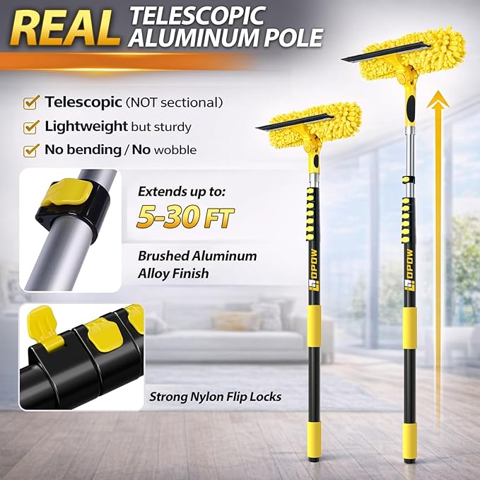 36FT High Reach Window Squeegee with Extension Pole, 2-1 Window Washing Kit with 8-Stage Telescopic Pole & Rotatable Head, No-Ladder Window Cleaner for High Window, Solar Panel, RV & Outdoor Glass