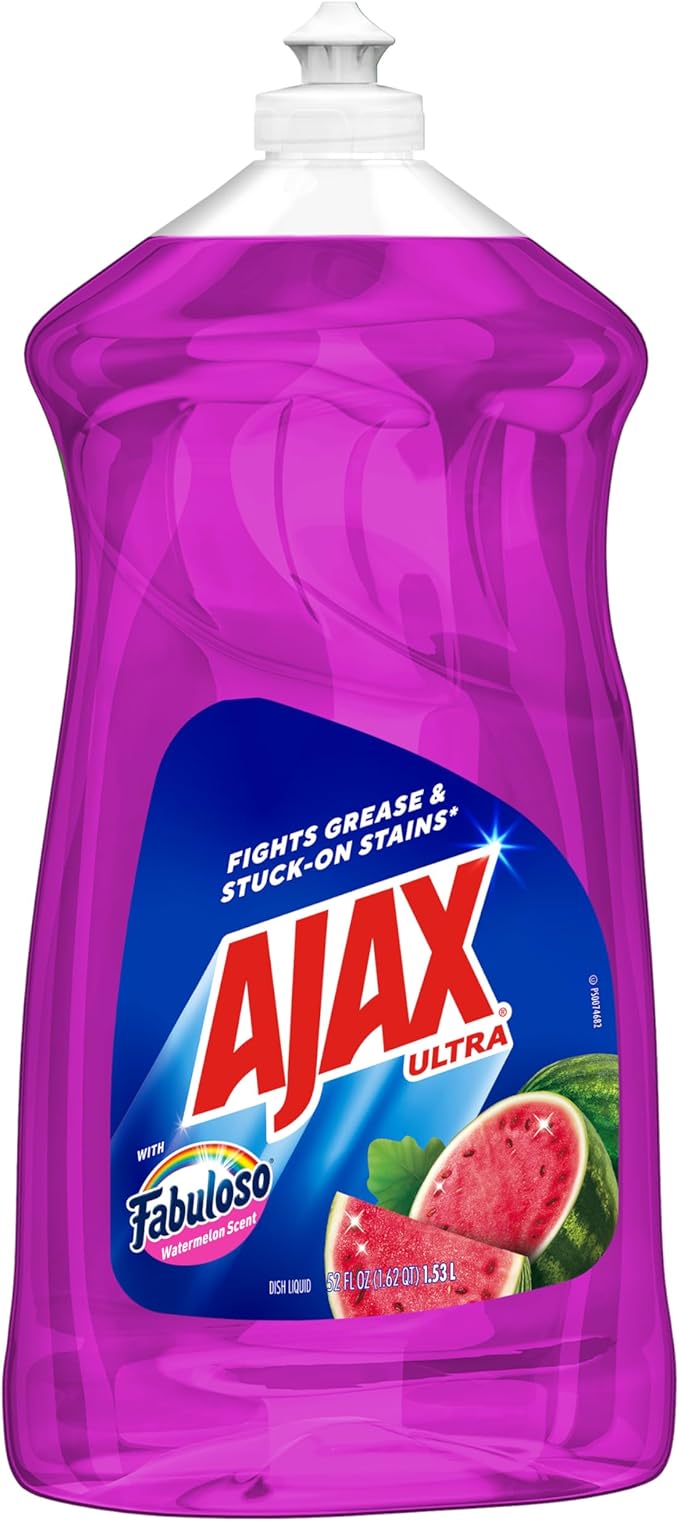 Ajax Ultra Liquid Dish Soap with Fabuloso Watermelon Scent, Fights Grease and Stuck-On Stains, Deep Cleaning Action, Mess-Free, Easy-Flip Cap, 52 fl oz Bottle (Pack of 2)