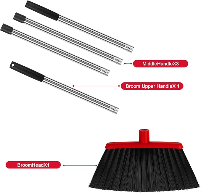 Heavy Duty Angle Broom, 55-Inch Long Handle Extra Wide 12.6 Inch Head, Stainless Steel Tube & PP Bristles for Pet Hair and Dust, Floor Safe - Red