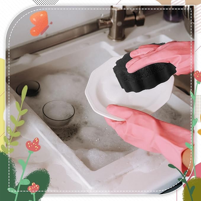 3 Pcs Dual Sided Scrub Sponge Multi Functional Cute Temperature Sensitive Non Scratch Dish Sponge for Washing Dishes Kitchen Bathroom(Flower,Black)