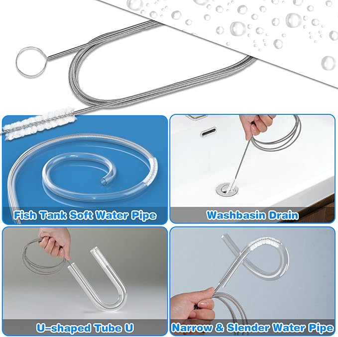 Cleaning Brushes Set, 10 Pieces 8 Inch Nylon Tube Brush + 60 Inch Flexible Long Drain Brush, Hose Pipe Brush, Suitable for Home Kitchen, Bathroom, Fish Tank, Water Pump Accessories (White)