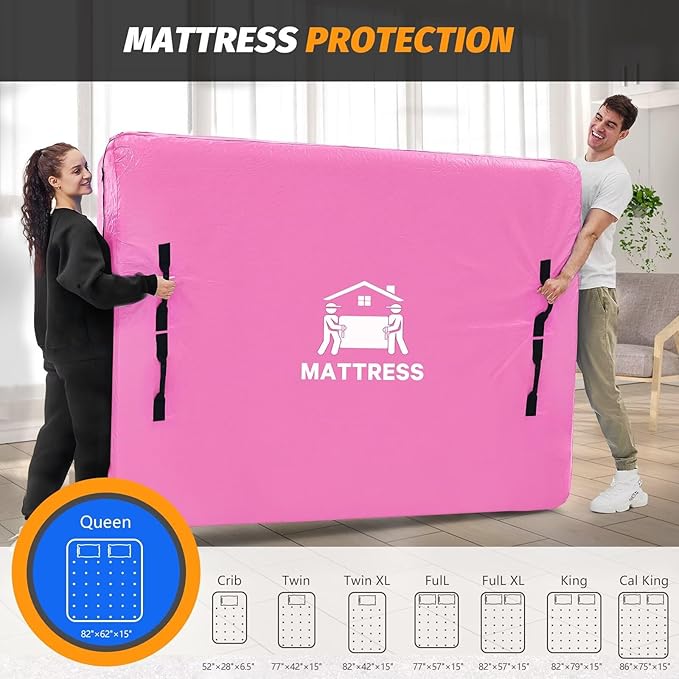 Mattress Bags for Moving, BETU Mattress Protector Waterproof Mattress Cover King Size Storage Bags with 8 Heavy-Duty Handles and Zipper for Bed Extra Thick Large Reusable (82"x79"x15" Pink)