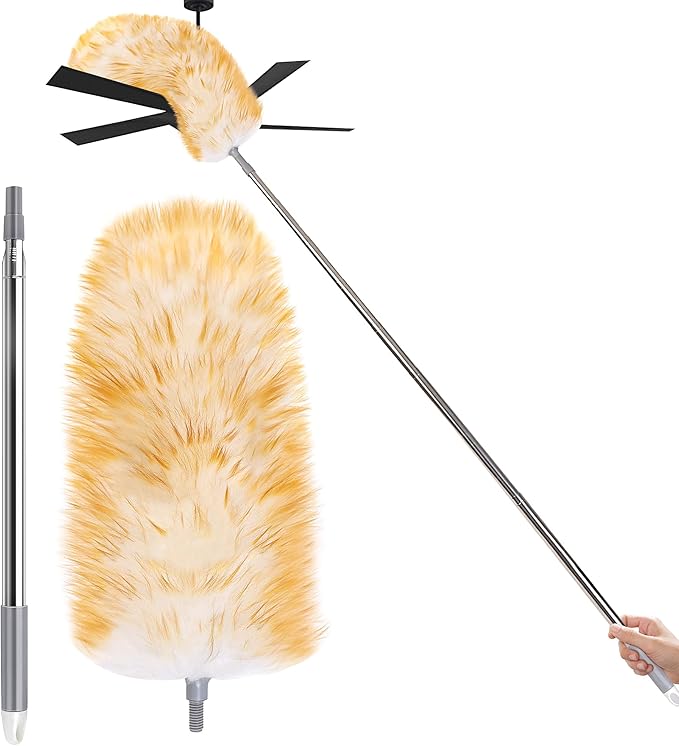 Feathers Duster 97" Long Telescoping Lambswool Duster with Bendable Wool Head - Ultra-Thick Stainless Steel Extension Pole for Cleaning