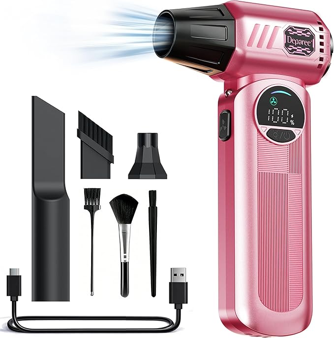 Air Duster, Compressed Air Duster Pink, Rechargeable Cordless with Adjustable Speed, LED Light & 8000mAh Battery, 150000 RPM for Keyboard, PC & Car Cleaning