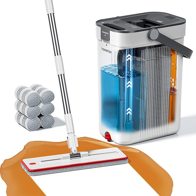 Mop and Bucket Set, Flat Mop and Bucket System with Separate Dirty and Clean Water, 3-Compartment Wall Cleaner Mop, Flat Mops for Floor Cleaning with 6 Microfiber Pads