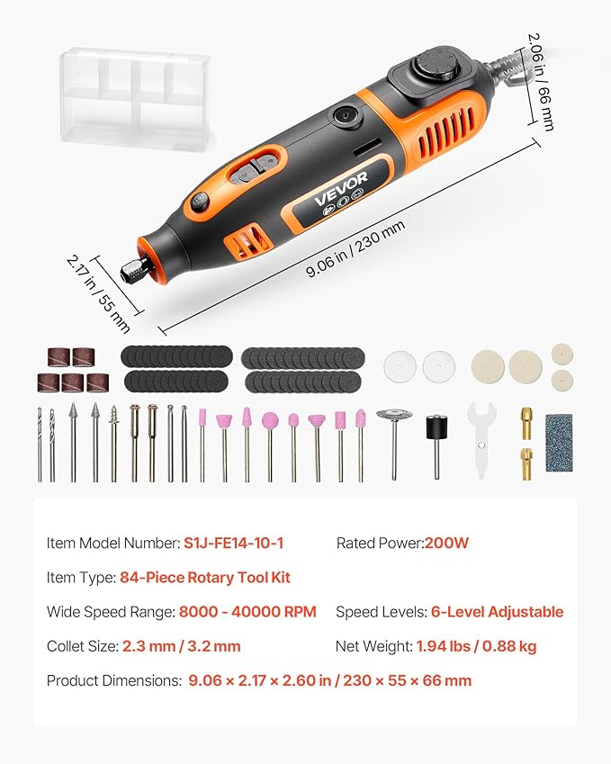 VEVOR 84-Piece Rotary Tool Kit, 200W Mini Power Rotary Tool Corded, 6-Level Speed 8000-40000 RPM Multi-Purpose DIY Tools for Engraving, Sanding, Polishing, Carving, Grinding, Cutting, DIY Crafts