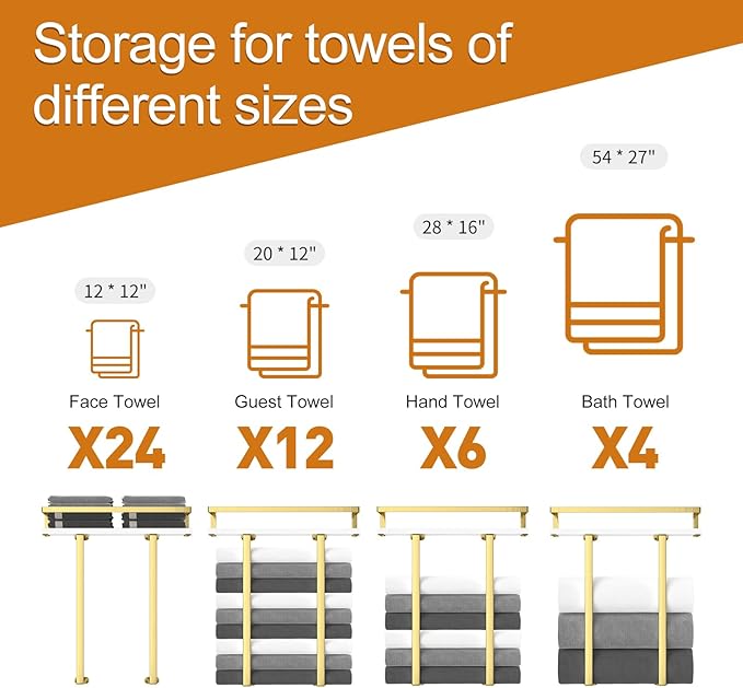 Towel Racks for Bathroom Wall Mounted, Metal Towel Holder with Wooden Shelf for Folding Large Towels, Towel Storage for Small Bathroom Organizer Decor or RV Camping,Golden