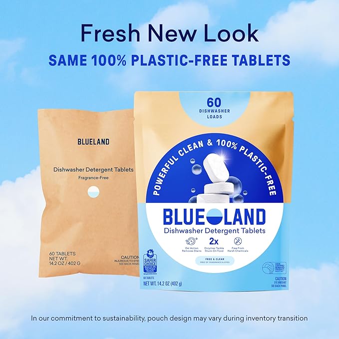 BLUELAND 100% Plastic-Free Dishwasher Detergent Tablets, 60 Count, Free & Clear, Eco-Friendly Dishwashing Pods, Natural, USDA Certified biobased