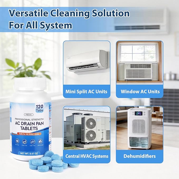 Poesie AC Drain Pan Tablets 120 Count, Condensate Tablets, Non-Clog Pan Cleaner, Effective Odor Control for All HVAC, Dehumidifiers and Appliance Pans