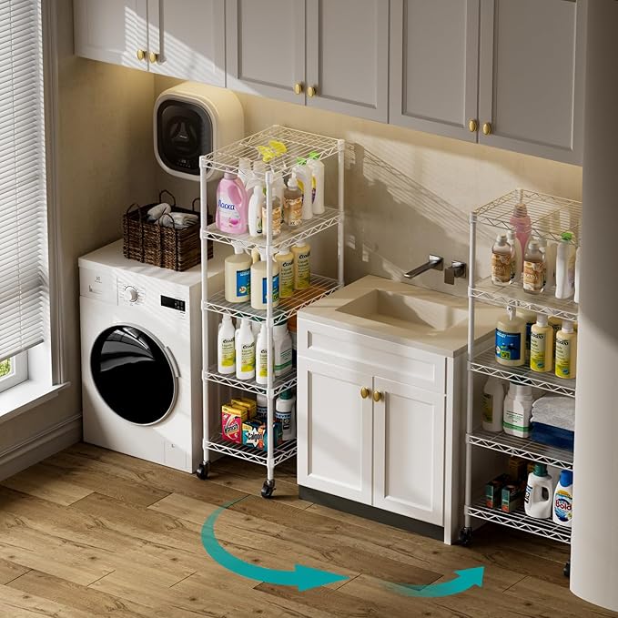 SINGAYE 6 Small Shelf Storage Wire Shelves Closet Bathroom Organizers Metal Pantry Kitchen Garage Shelving Unit Laundry Room Organization Home Narrow Rack Net Basket with Wheels White
