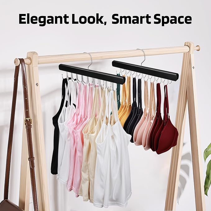 NECAMOCU 2 Pack Bra Hanger for Closet Organizer, Premium Wooden Tank Top Hangers with 36 Foldable Hooks, 360° Rotating Design, Space Saving Storage for Tank Tops, Bras, Scarves and More, Black