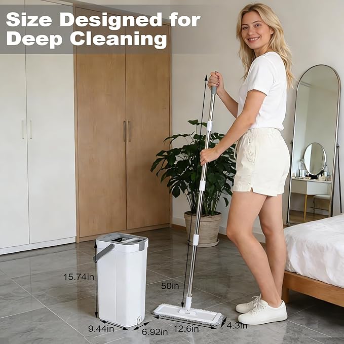 Mop and Bucket Set, 50" Flat Mop and Bucket System for Floor Cleaning, Separate Dirty and Clean Water, 4 Microfiber Pads Included, Wet and Dry Use, for Cleaning All Floor Types and Windows