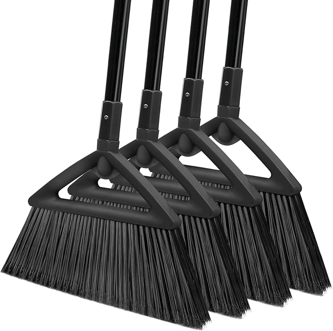 4PCS Heavy Duty Broom, Broom for Sweeeping Indoor and Outdoor, Angle Broom with Long Pole, Outdoor Broom for Courtyard/Garages/Slidewalk, Indoor Broom for Kitchen Lobby Canteen Black