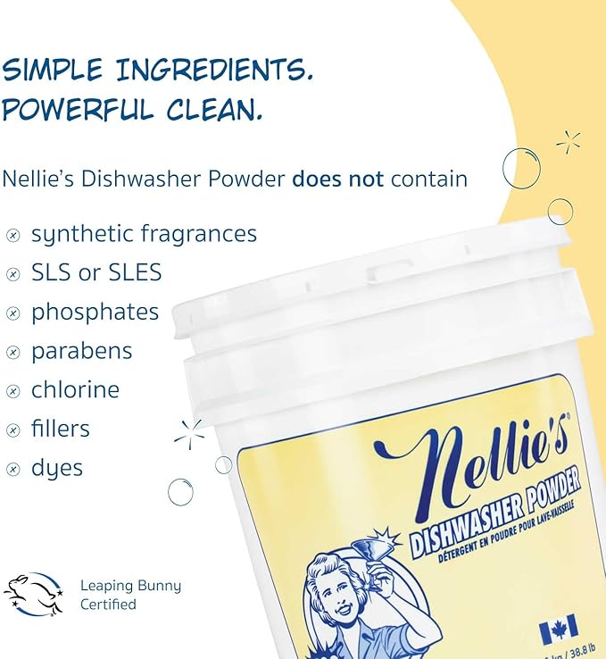 Nellie's Dishwasher Powder - Superior Grease Penetration, Powerful Plant-Based Formula, Safe for Septic Systems, Advanced Food Particle Dislodging, Eco-Conscious Cleaning - 1,100 Scoop Bulk Bucket