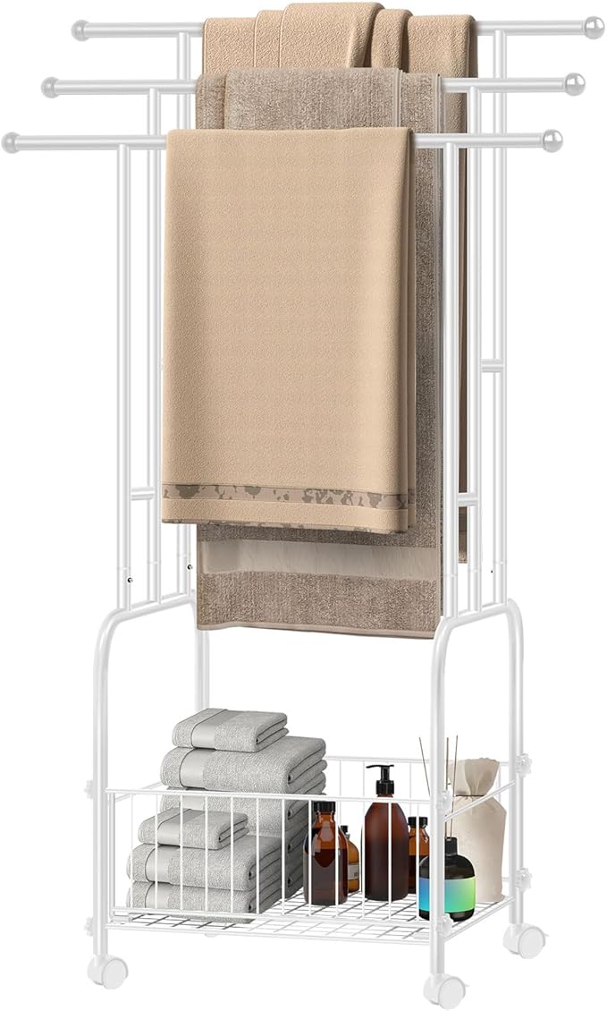 Freestanding Towel Rack for Bathroom, 3-Tier Durable White Metal Stand with Wheels and Basket, Towel Drying Rack, Multi-Use Blanket Rack for Indoor/Outdoor Bathroom