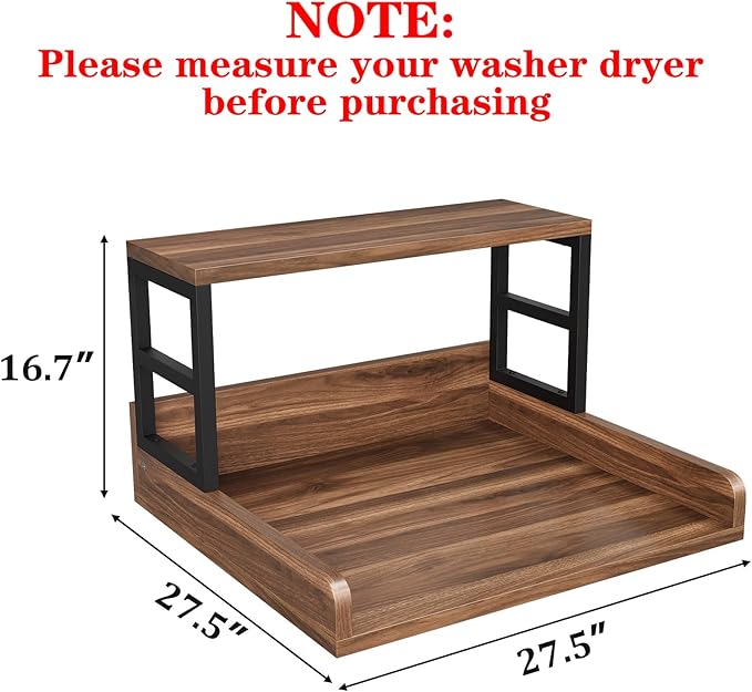 Washer Dryer Countertop with Shelf, 27.5″D x 27.5″W x 16.7″H, Countertop for Washer and Dryer Top with Non-Slip Pads and Edge Rails, Laundry Room Storage and Organization(Walnut)