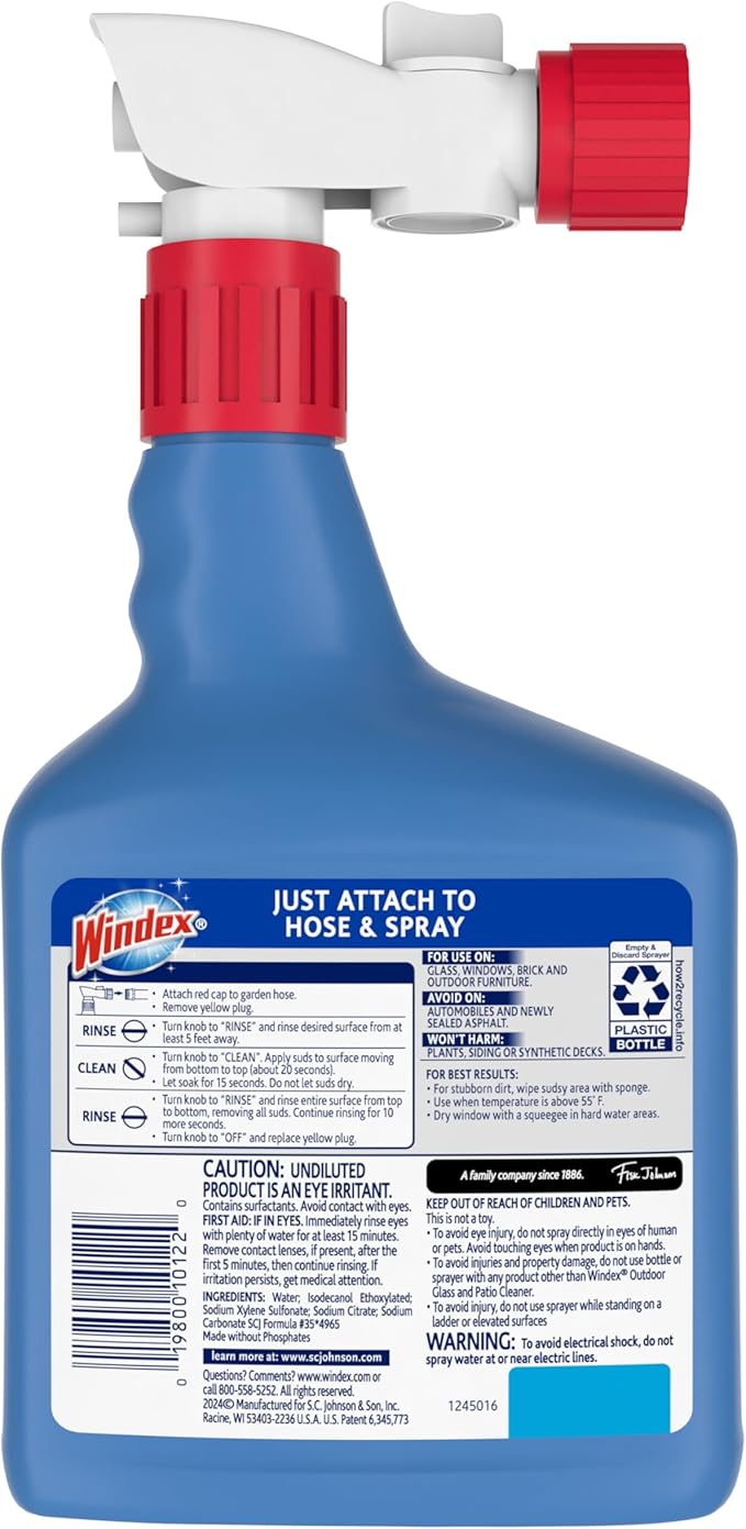 Windex Outdoor Window and Glass Cleaner for Hose Ammonia Free, Concentrated Formula for Deep Outdoor Clean, Patio Cleaner, Compatible With All Hoses, 32 Fl Oz (Pack of 2)