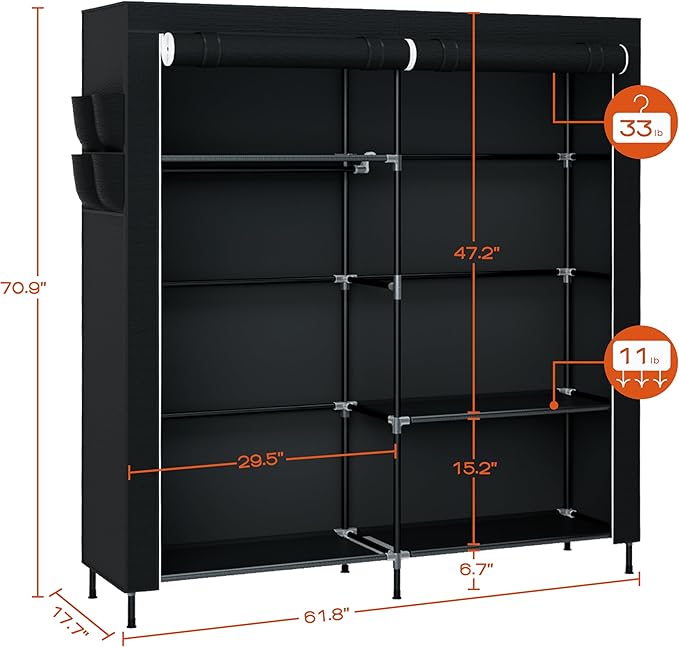 CASAMAYA Portable Closet, 61.8 Inch Large Capacity Wardrobe Closet with Cover, Clothes Storage Organizer with Shelves and 2 Hanging Rods, Easy to Assembly, Black PCT222B01