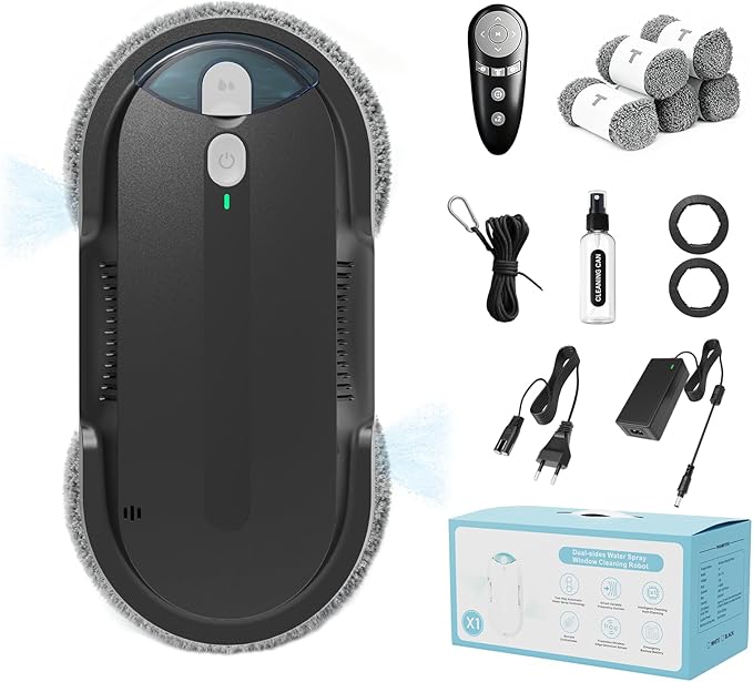 Window Cleaning Robot – 2400-3200Pa Suction, Dual Ultrasonic Spray, 85ml Tank, Edge Detection, Anti-Drop, 3 Cleaning Modes for Streak-Free Glass(Black)