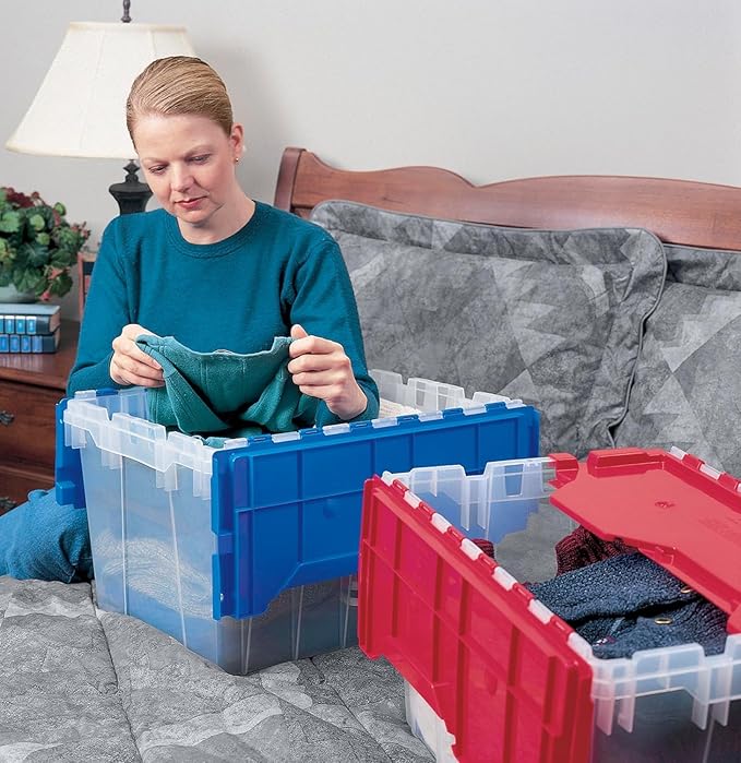 Akro-Mils KeepBox 12 Gallon Storage Container, Nesting and Stackable Plastic Storage Box with Lid Attached, Clear Tote for Garages, Closets, and Moving, 21-1/2" x 15" x 12-1/2", Clear/Blue, 6-Pack