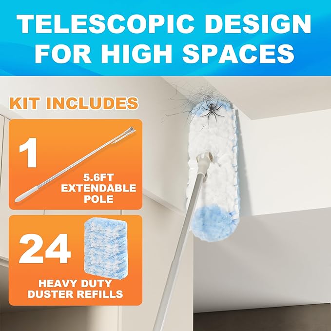 JOYMOOP 6 ft Extendable Duster Handle with 24 Heavy Refills, Compatible with Swiffer Duster Refills, Disposable Microfiber Dusting Pads for Home Cleaning, Ceiling, Fan, Window, Hard-to-Reach Areas