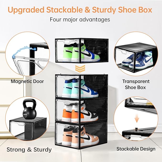 INSTY 12 Pack Large Shoe Storage Box, Clear Shoe Storage Organizer with Magnetic Door, Stackable,Shoe Containers For Display Sneakers, Easy Assembly, Fit up to US Size 12, Transparent