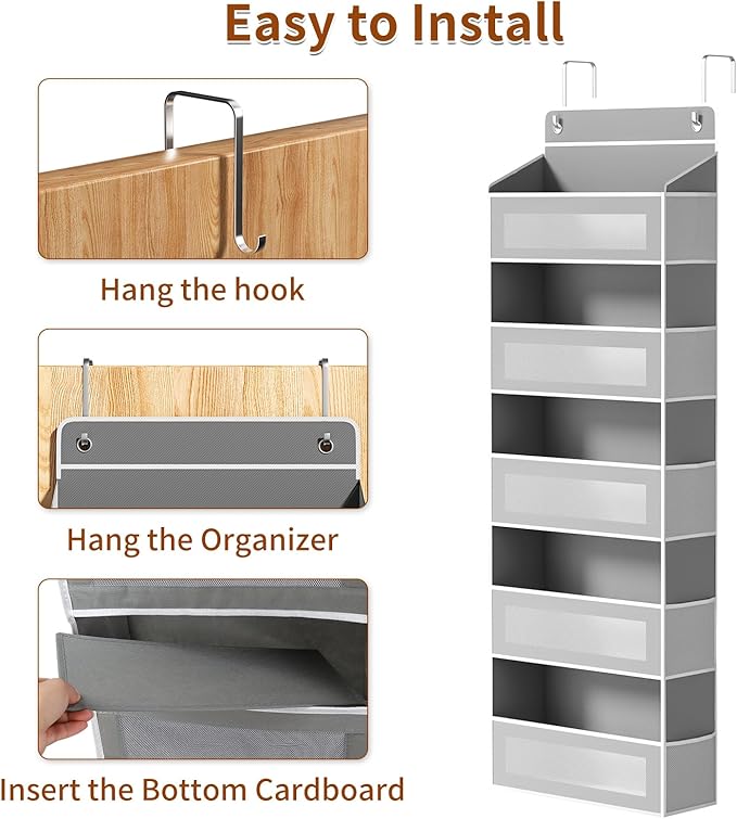 Over The Door Organizer, Over the Door Storage with 5 Large 10 Side Pockets, Hanging Door Organizer 44 lb Load Behind Door Storage, Hanging Shelf for Closet Wall Bedroom Bathroom Nursery, 5-Tier Grey