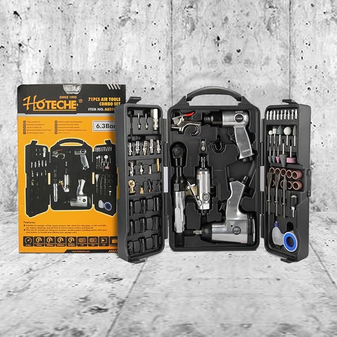 Hoteche 71-Piece Air Tool Kit | 1/2" Single-Hammer Air Impact Wrench (7000RPM), 1/2" Air Ratchet Wrench & Multiple Tools, Blow-Molded Case