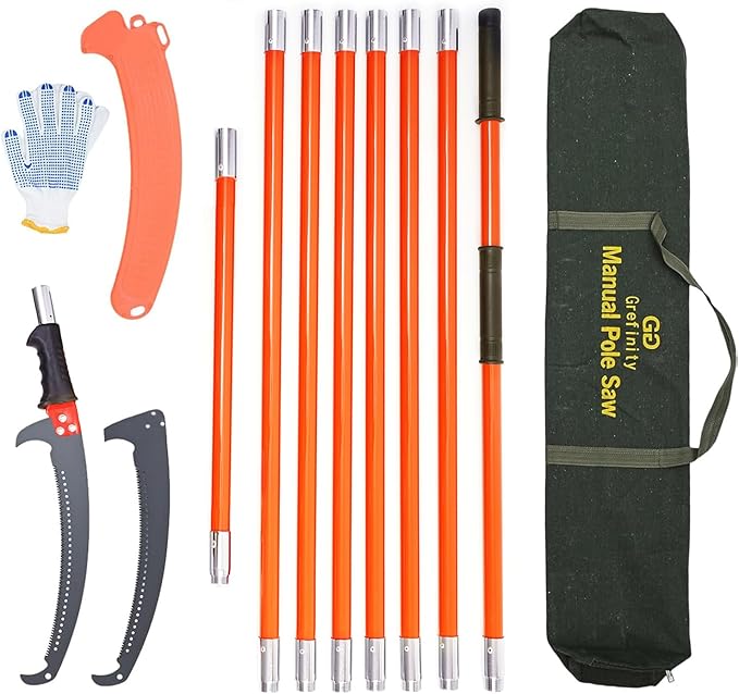 Manual Pole Saw for Tree Trimming, 27 FT Manual tree purner with 8-Section Fiberglass Handle, Sharp steel Blade, Easy to Carry and Extendable Design for Tree Maintenance, Orange