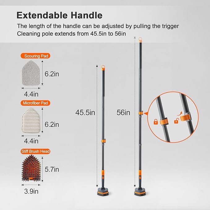 Tile Tub Scrubber Brush with 3 Different Function Cleaning Heads and 56" Extendable Long Handle-No Scratch Shower Scrubber for Cleaning Bathroom Kitchen Toilet Wall,Bathtub,Sink,Grey