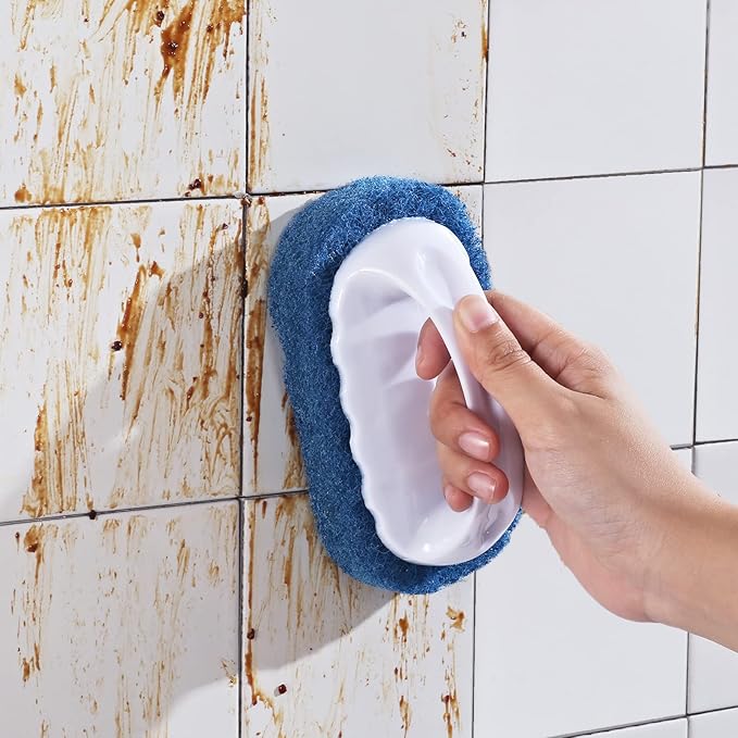 Scouring Pad Brush kit 4 Pieces, Cleaning Brush with Handle, Dish Scrub Brush, Bathroom Brush, Sink Scrub Brush
