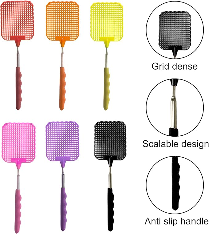 6 Pieces Extendable Fly Swatter, Manual Fly Swatter, Portable Plastic Fly Swatter for Flies, Mosquitoes and Insects - Red/Orange/Yellow/Pink/Purple/Black