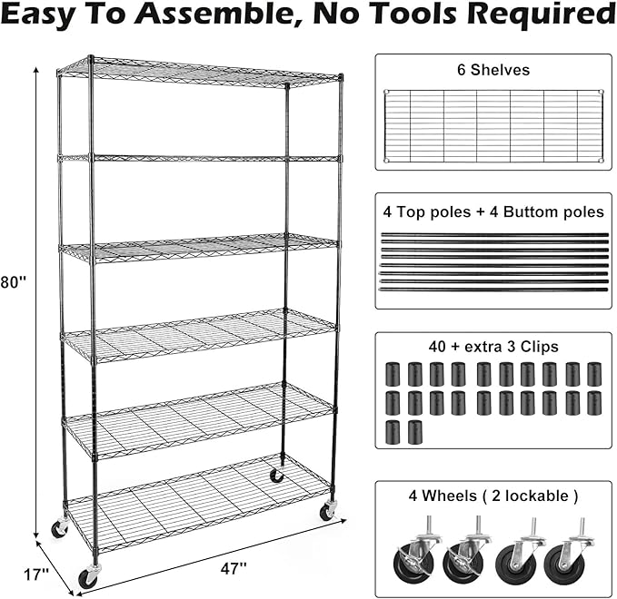 WDT NSF Certified Storage Shelves on Wheels, Heavy Duty Metal Shelves for Storage with Adjustable Stand, 6-Tier Wire Shelving Unit for Garage Pantry Kitchen Shelf Rack(17" W*47" D*80" H), Black
