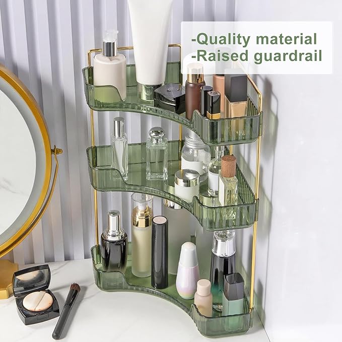 INVSSENE Corner Bathroom Countertop Organizer, Vanity Trays for Bathroom Counter, Makeup Organizer, Perfume Tray, Kitchen Spice Rack, Fits 90 Corner(Green, 3 Tiers)