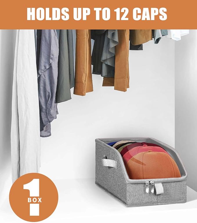 Livelab Hat Organizer for Baseball Caps, Hat Storage Holder Container for Closet Hold Up to 12 Caps with Clear Window, Hat Boxes for Home Storage | 1Pcs Grey