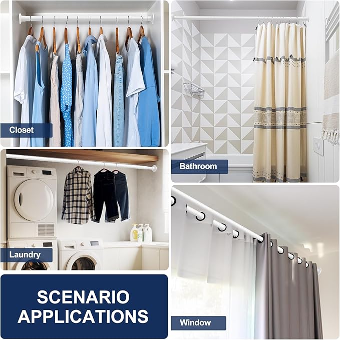 No Drilling Closet Rod, 27.5-94 Inches Hanging Closet Rod for Clothes, Closet Bar & Pole Heavy-duty, Closet Rods for Hanging Clothes For Closet Wardrobes Bathroom Laundry RV Curtains,White