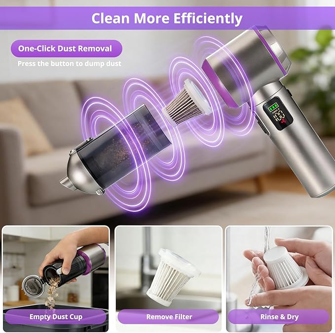 Cordless Handheld Vacuum with 17000Pa Powerful Suction, LED Light & 4-in-1 Nozzles, Portable Car Vacuum Cleaner for Pet Hair, Home, Office Desk, 3 Speeds & Type-C Charging