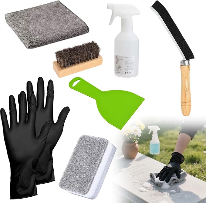 Granite Headstone Cleaner Kit - Heavy Duty 6-Piece Stone Scrub Set for Cemetery Maintenance, Includes Stiff Bristle Brushes, Scraper, Sponge & Towels Cleaning pot (Granite/Marble/Sandstone)